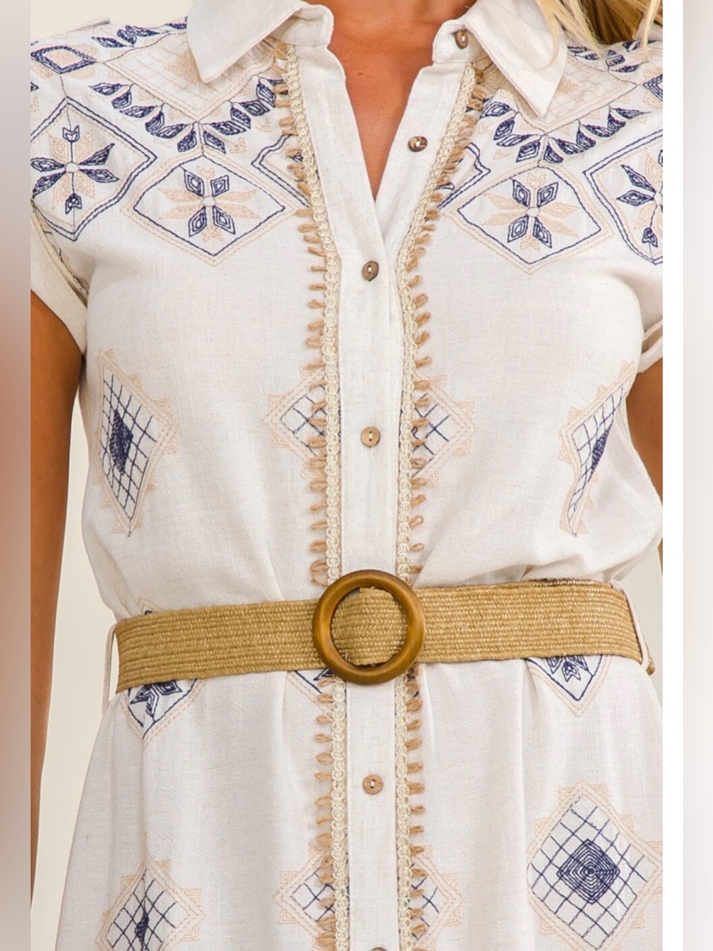 Sleeveless White Maxi Shirt Dress with Blue Embroidery - Picture 3 of 4
